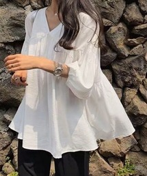 Vネックシャツブラウス 七分袖 ゆったり
