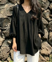 Vネックシャツブラウス 七分袖 ゆったり