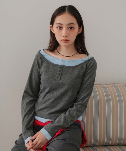 miette(ミエット)の「配色レイヤード風起毛トップス(Tシャツ/カットソー・レディース・チャコール/ブラック/ライトブルー・M/L)」の2枚目の写真