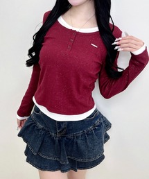 プレート付ヘンリーネックレイヤードラメリブトップス