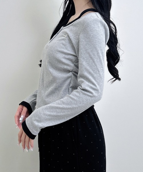 INGNI（イング）の「プレート付ヘンリーネックレイヤードラメリブトップス（Tシャツ/カットソー・レディース・グレー系その他3/ブラック×ブルー/ブラック×グレー/ブラック系8/ワイン系2・M）」の12枚目の写真