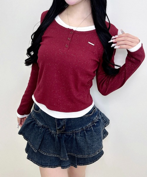 INGNI（イング）の「プレート付ヘンリーネックレイヤードラメリブトップス（Tシャツ/カットソー・レディース・グレー系その他3/ブラック×ブルー/ブラック×グレー/ブラック系8/ワイン系2・M）」の17枚目の写真