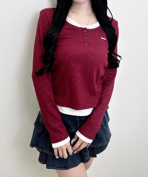 INGNI（イング）の「プレート付ヘンリーネックレイヤードラメリブトップス（Tシャツ/カットソー・レディース・グレー系その他3/ブラック×ブルー/ブラック×グレー/ブラック系8/ワイン系2・M）」の18枚目の写真