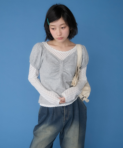 Unblend(アンブレンド)の「【Unblend】アソート柄 シアーロンT&ヘンリーネック パフスリーブトップス<セットアイテム>(Tシャツ/カットソー・レディース・グレー/オフホワイト/チャコール/ネイビー・FREE)」の1枚目の写真