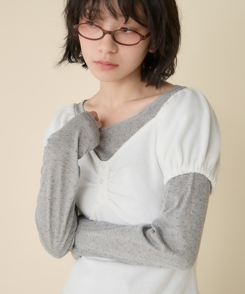 Unblend(アンブレンド)の「【Unblend】アソート柄 シアーロンT&ヘンリーネック パフスリーブトップス<セットアイテム>(Tシャツ/カットソー・レディース・グレー/オフホワイト/チャコール/ネイビー・FREE)」の2枚目の写真