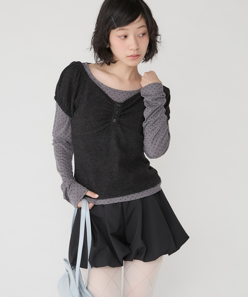 Unblend(アンブレンド)の「【Unblend】アソート柄 シアーロンT&ヘンリーネック パフスリーブトップス<セットアイテム>(Tシャツ/カットソー・レディース・グレー/オフホワイト/チャコール/ネイビー・FREE)」の3枚目の写真