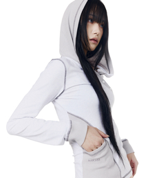 Slant Cut Hooded Long Sleeve (Light Gray)