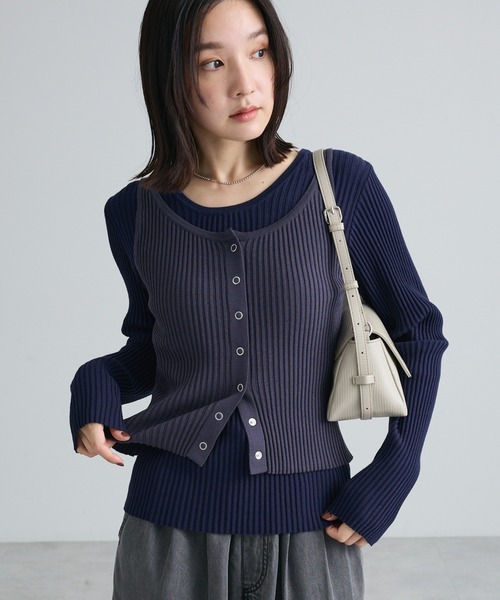 Green Parks(グリーンパークス)の「SET2点リングドットタンク+リブニットプルオーバー(ニット/セーター・レディース・ブラック/ネイビー/杢グレー・FREE)」の1枚目の写真
