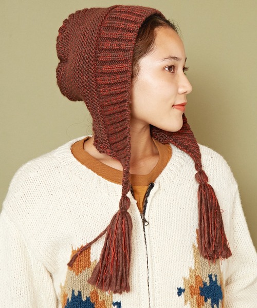 チャイハネ（チャイハネ）の「【チャイハネ】バブーシュカ風耳付きニットキャップ（ニットキャップ/ビーニー・レディース・ブラック/グレー/オフホワイト/ブルー/ホワイト/レッド/ブラウン/ブラック×ブラック/ホワイト系その他/ターコイズブルー/マスタード/オレンジ/カーキ・FREE）」の7枚目の写真