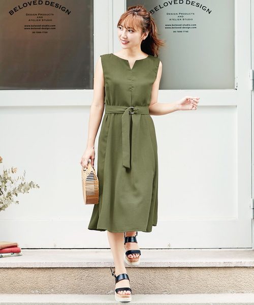 KOBE LETTUCE(コウベレタス)の「リングベルト付きリネンタッチロング丈フレアワンピース(ワンピース・レディース・ピンク/カーキ/ネイビー/ブラック/ベージュ・FREE)」の3枚目の写真