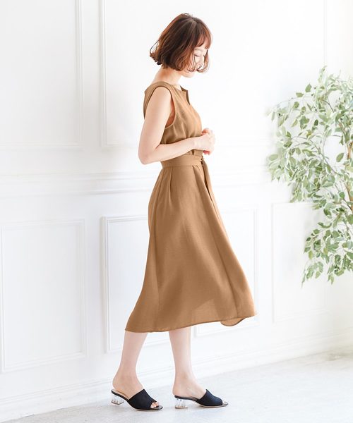 KOBE LETTUCE(コウベレタス)の「リングベルト付きリネンタッチロング丈フレアワンピース(ワンピース・レディース・ピンク/カーキ/ネイビー/ブラック/ベージュ・FREE)」の7枚目の写真