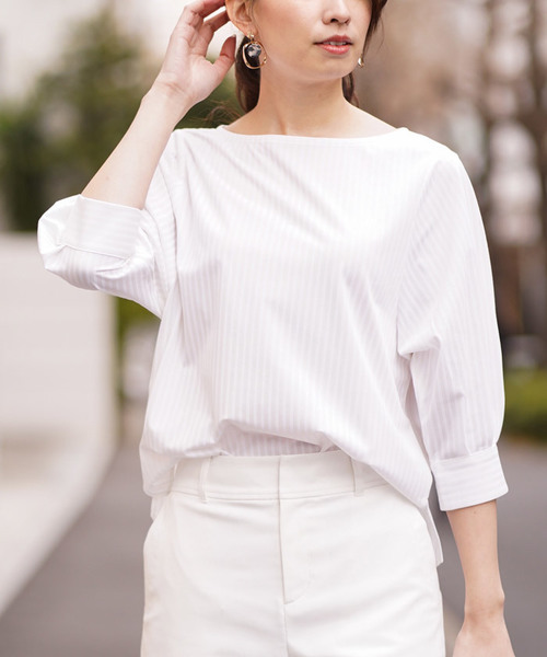 MK MICHEL KLEIN(エムケーミッシェルクラン)の「【洗濯機で洗える】ストライプ柄七分袖カットソー(Tシャツ/カットソー)」|ホワイト