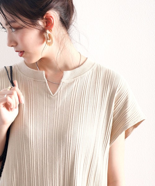 さらり柔らか。ランダムリブキーネックロング丈半袖ワンピース