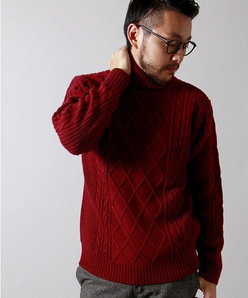 WEGO（ウィゴー）の「WEGO/切替ケーブルタートルニット（ニット/セーター・メンズ・オフホワイト/ブラック/ネイビー/ワイン・MEDIUM/LARGE）」の4枚目の写真