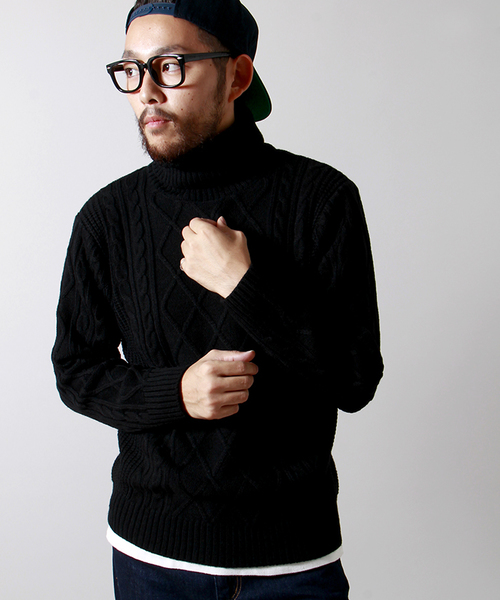 WEGO（ウィゴー）の「WEGO/切替ケーブルタートルニット（ニット/セーター・メンズ・オフホワイト/ブラック/ネイビー/ワイン・MEDIUM/LARGE）」の3枚目の写真