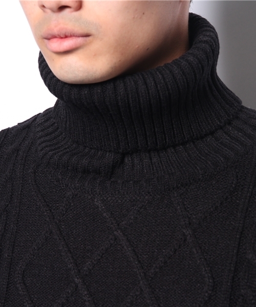 WEGO（ウィゴー）の「WEGO/切替ケーブルタートルニット（ニット/セーター・メンズ・オフホワイト/ブラック/ネイビー/ワイン・MEDIUM/LARGE）」の8枚目の写真