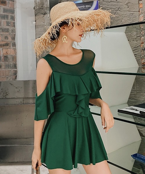 レディース水着 透け感オープンショルダー贅沢バックフリルオールインワンワンピーススイムウェア 水着 Teddyshop テディショップ のファッション通販 Zozotown