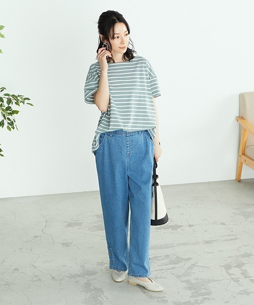 ONIGIRI（オニギリ）の「〈オーガニックコットン〉バックスリットボーダー半袖Ｔシャツ（Tシャツ/カットソー・レディース・ホワイト/ブラウン/ターコイズブルー・FREE）」の19枚目の写真