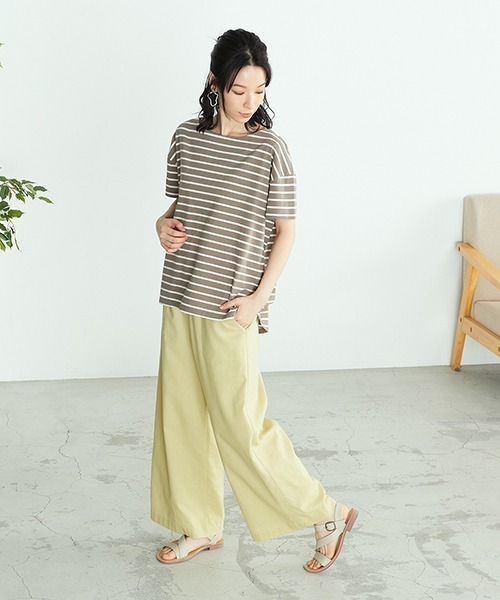 ONIGIRI（オニギリ）の「〈オーガニックコットン〉バックスリットボーダー半袖Ｔシャツ（Tシャツ/カットソー・レディース・ホワイト/ブラウン/ターコイズブルー・FREE）」の15枚目の写真