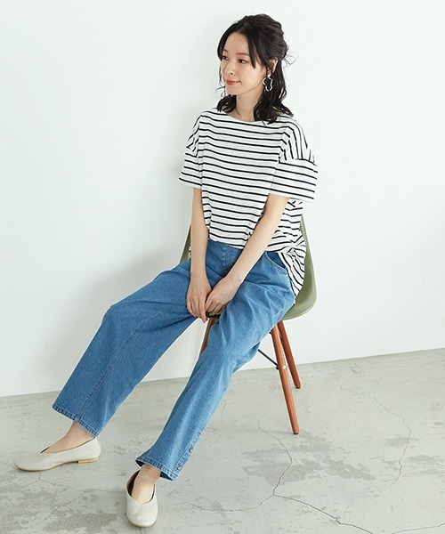 ONIGIRI（オニギリ）の「〈オーガニックコットン〉バックスリットボーダー半袖Ｔシャツ（Tシャツ/カットソー・レディース・ホワイト/ブラウン/ターコイズブルー・FREE）」の7枚目の写真