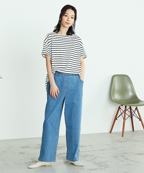 ONIGIRI（オニギリ）の「〈オーガニックコットン〉バックスリットボーダー半袖Ｔシャツ（Tシャツ/カットソー・レディース・ホワイト/ブラウン/ターコイズブルー・FREE）」の10枚目の写真