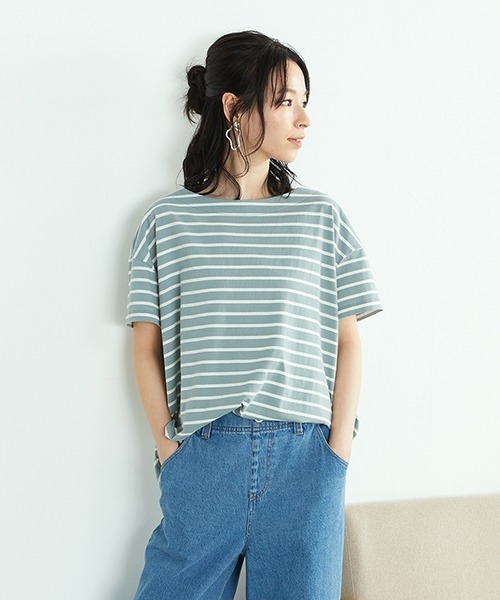 ONIGIRI（オニギリ）の「〈オーガニックコットン〉バックスリットボーダー半袖Ｔシャツ（Tシャツ/カットソー・レディース・ホワイト/ブラウン/ターコイズブルー・FREE）」の17枚目の写真