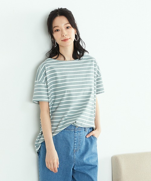 ONIGIRI（オニギリ）の「〈オーガニックコットン〉バックスリットボーダー半袖Ｔシャツ（Tシャツ/カットソー・レディース・ホワイト/ブラウン/ターコイズブルー・FREE）」の21枚目の写真