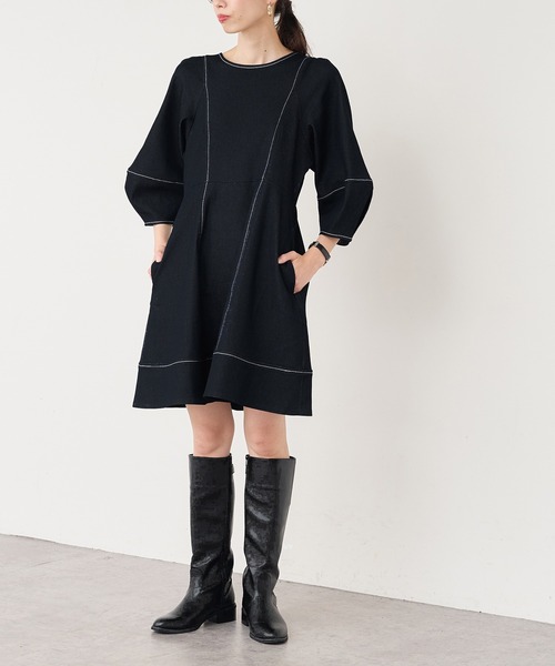 natural couture（ナチュラルクチュール）の「【WEB限定】ランタンスリーブチュニックワンピース（ワンピース・レディース・ブラック/アイボリー/ブルー系その他・FREE）」の3枚目の写真