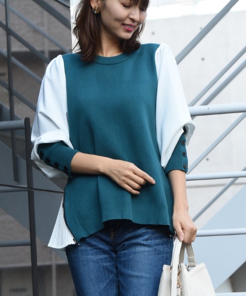 INTERPLANET（インタープラネット）の「サイドＺＩＰプリーツデザイン異素材ドッキングプルオーバー（ニット/セーター・レディース・ブラック/ベージュ/ブラウン/グレー/ブラック系その他/グリーン・FREE）」の13枚目の写真