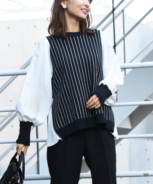 INTERPLANET（インタープラネット）の「サイドＺＩＰプリーツデザイン異素材ドッキングプルオーバー（ニット/セーター・レディース・ブラック/ベージュ/ブラウン/グレー/ブラック系その他/グリーン・FREE）」の14枚目の写真