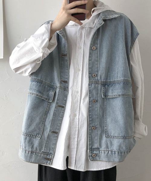 KOR(ケーオーアール)の「ウォッシュ加工 デニムワークベスト(ベスト・メンズ・ブラック/ブルー・2XL/M/3XL/4XL/XL/5XL/L)」の2枚目の写真
