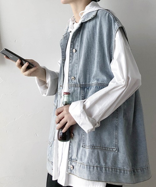 KOR(ケーオーアール)の「ウォッシュ加工 デニムワークベスト(ベスト・メンズ・ブラック/ブルー・2XL/M/3XL/4XL/XL/5XL/L)」の7枚目の写真
