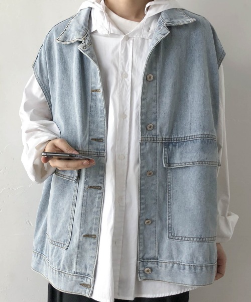 KOR(ケーオーアール)の「ウォッシュ加工 デニムワークベスト(ベスト・メンズ・ブラック/ブルー・2XL/M/3XL/4XL/XL/5XL/L)」の4枚目の写真