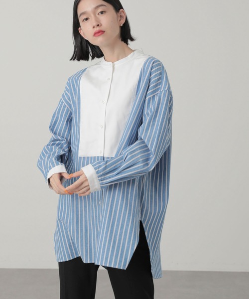 AMERICAN HOLIC（アメリカンホリック）の「スタンドカラービエラチュニック（シャツ/ブラウス・レディース・オフホワイト/ストライプ/ブラウン/グリーン/ブルー・M/L）」の4枚目の写真