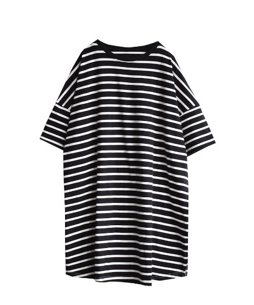 e-zakkamania stores(イーザッカマニアストアーズ)の「ボーダー柄 ワイドチュニックTEE(Tシャツ/カットソー・レディース・ブラック/グレイッシュベージュ/オフホワイト・M)」の5枚目の写真