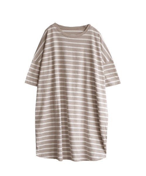 e-zakkamania stores(イーザッカマニアストアーズ)の「ボーダー柄 ワイドチュニックTEE(Tシャツ/カットソー・レディース・ブラック/グレイッシュベージュ/オフホワイト・M)」の6枚目の写真