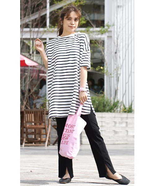 e-zakkamania stores(イーザッカマニアストアーズ)の「ボーダー柄 ワイドチュニックTEE(Tシャツ/カットソー・レディース・ブラック/グレイッシュベージュ/オフホワイト・M)」の7枚目の写真