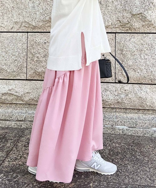 Petitle（プチレ）の「[ 低身長向けサイズ ]　選べる2丈 ラウンドギャザー切り替えロングスカート（スカート・レディース・ホワイト/ブラック/ダークグリーン/ピンク/ホワイト系その他/ブラック系その他/ストライプ・M/PM/M-Short）」の6枚目の写真