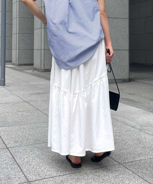 m-047tricot COMMEdesGARCONSロングスカート切り替え 低身長向けサイズ ] 選べる2丈 ラウンドギャザー切り替えロング