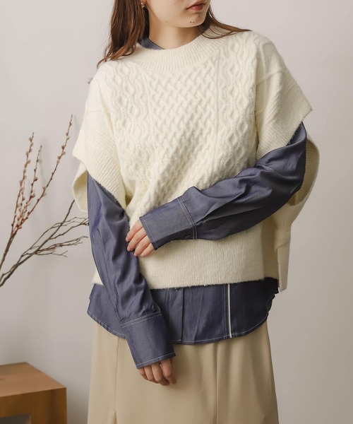 SENSE OF PLACE by URBAN RESEARCH（センスオブプレイスバイアーバンリサーチ）の「アルパカライクケーブルニットベスト（ベスト・レディース・ブラック/ブラウン/アイボリー・ONE）」の2枚目の写真