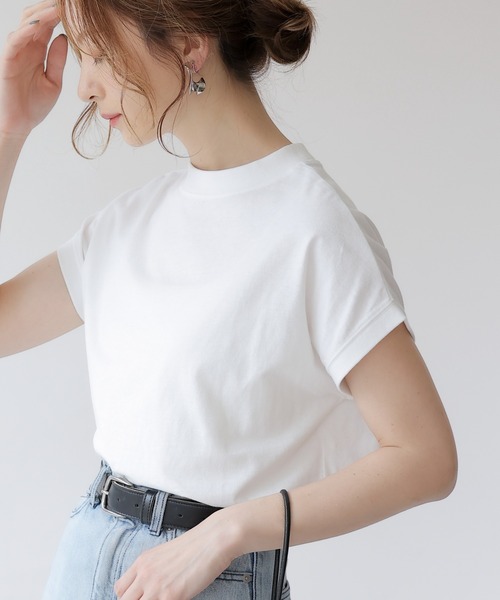 frames RAY CASSIN(フレームスレイカズン)の「WEB限定 USAコットンモックネックフレンチスリーブTシャツ(Tシャツ/カットソー・レディース・ブラック/ネイビー系/オフホワイト/ベージュ/レッド/レッド系その他/ブルー/ブラック系・FREE)」の9枚目の写真