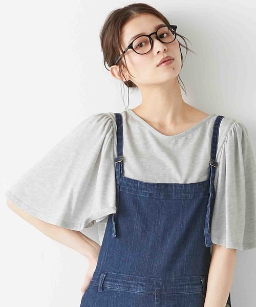 Viola e Viola(ヴィオラエヴィオラ)の「袖ギャザーフレアーゆるTシャツ(Tシャツ/カットソー・レディース・ネイビー/パープル/ミント/サンドグレー/ピンク/オフホワイト/ブラウン/杢グレー/チャコール/ブラック・MEDIUM/LARGE/XX-LARGE/XXX-LARGE/X-LARGE/XXXX-LARGE)」の5枚目の写真