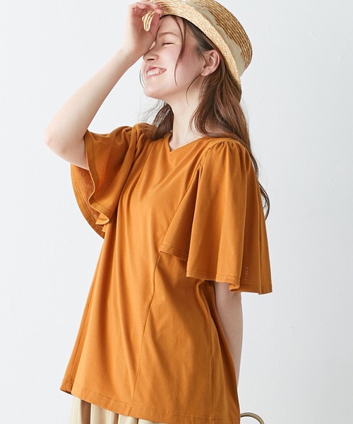 Viola e Viola(ヴィオラエヴィオラ)の「袖ギャザーフレアーゆるTシャツ(Tシャツ/カットソー・レディース・ネイビー/パープル/ミント/サンドグレー/ピンク/オフホワイト/ブラウン/杢グレー/チャコール/ブラック・MEDIUM/LARGE/XX-LARGE/XXX-LARGE/X-LARGE/XXXX-LARGE)」の1枚目の写真