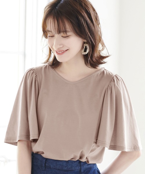 Viola e Viola(ヴィオラエヴィオラ)の「袖ギャザーフレアーゆるTシャツ(Tシャツ/カットソー・レディース・ネイビー/パープル/ミント/サンドグレー/ピンク/オフホワイト/ブラウン/杢グレー/チャコール/ブラック・MEDIUM/LARGE/XX-LARGE/XXX-LARGE/X-LARGE/XXXX-LARGE)」の10枚目の写真