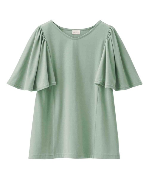 Viola e Viola(ヴィオラエヴィオラ)の「袖ギャザーフレアーゆるTシャツ(Tシャツ/カットソー・レディース・ネイビー/パープル/ミント/サンドグレー/ピンク/オフホワイト/ブラウン/杢グレー/チャコール/ブラック・MEDIUM/LARGE/XX-LARGE/XXX-LARGE/X-LARGE/XXXX-LARGE)」の7枚目の写真
