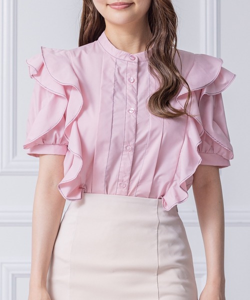 clear(クリア)の「フリルデザイン配色ステッチ半袖ブラウス≪2024SS≫(シャツ/ブラウス・レディース・ブラック/オフホワイト/ピンク・F)」の3枚目の写真