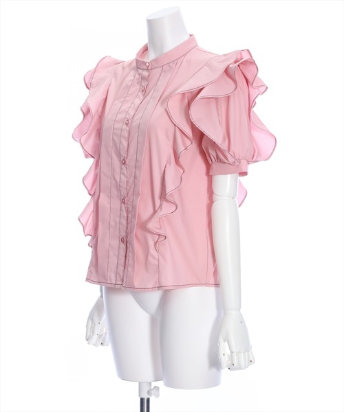 clear(クリア)の「フリルデザイン配色ステッチ半袖ブラウス≪2024SS≫(シャツ/ブラウス・レディース・ブラック/オフホワイト/ピンク・F)」の4枚目の写真