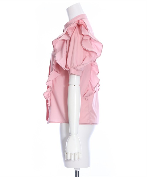 clear(クリア)の「フリルデザイン配色ステッチ半袖ブラウス≪2024SS≫(シャツ/ブラウス・レディース・ブラック/オフホワイト/ピンク・F)」の5枚目の写真