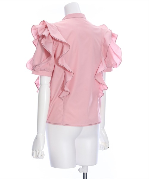 clear(クリア)の「フリルデザイン配色ステッチ半袖ブラウス≪2024SS≫(シャツ/ブラウス・レディース・ブラック/オフホワイト/ピンク・F)」の6枚目の写真