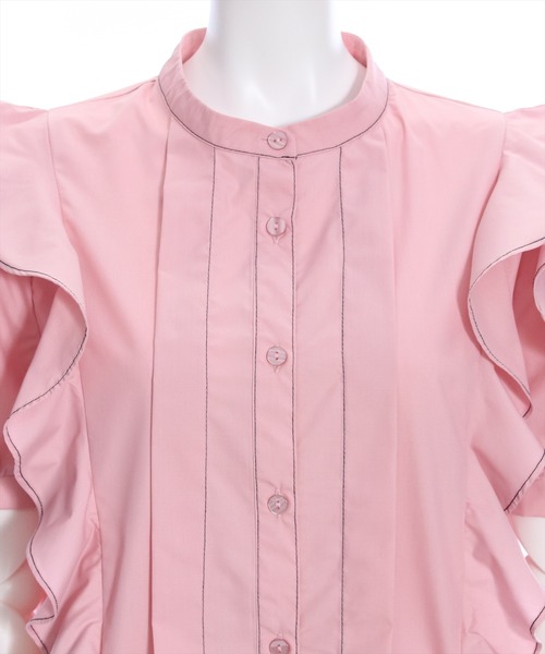 clear(クリア)の「フリルデザイン配色ステッチ半袖ブラウス≪2024SS≫(シャツ/ブラウス・レディース・ブラック/オフホワイト/ピンク・F)」の8枚目の写真